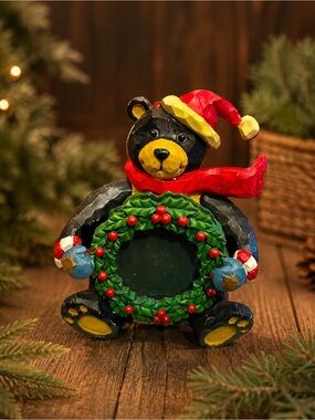 Santa Black Bear Christmas‎ Wreath Holiday Picture Frame